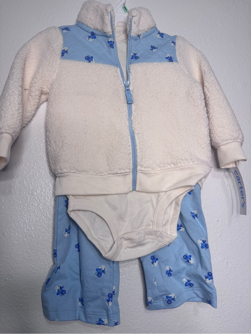 Carter's Cream Sherpa Jacket with Light Blue Floral Bodysuit & Pants Set